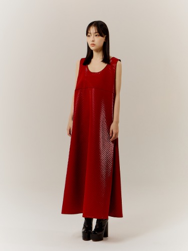 MEOW QUILTING LONG DRESS _ RED