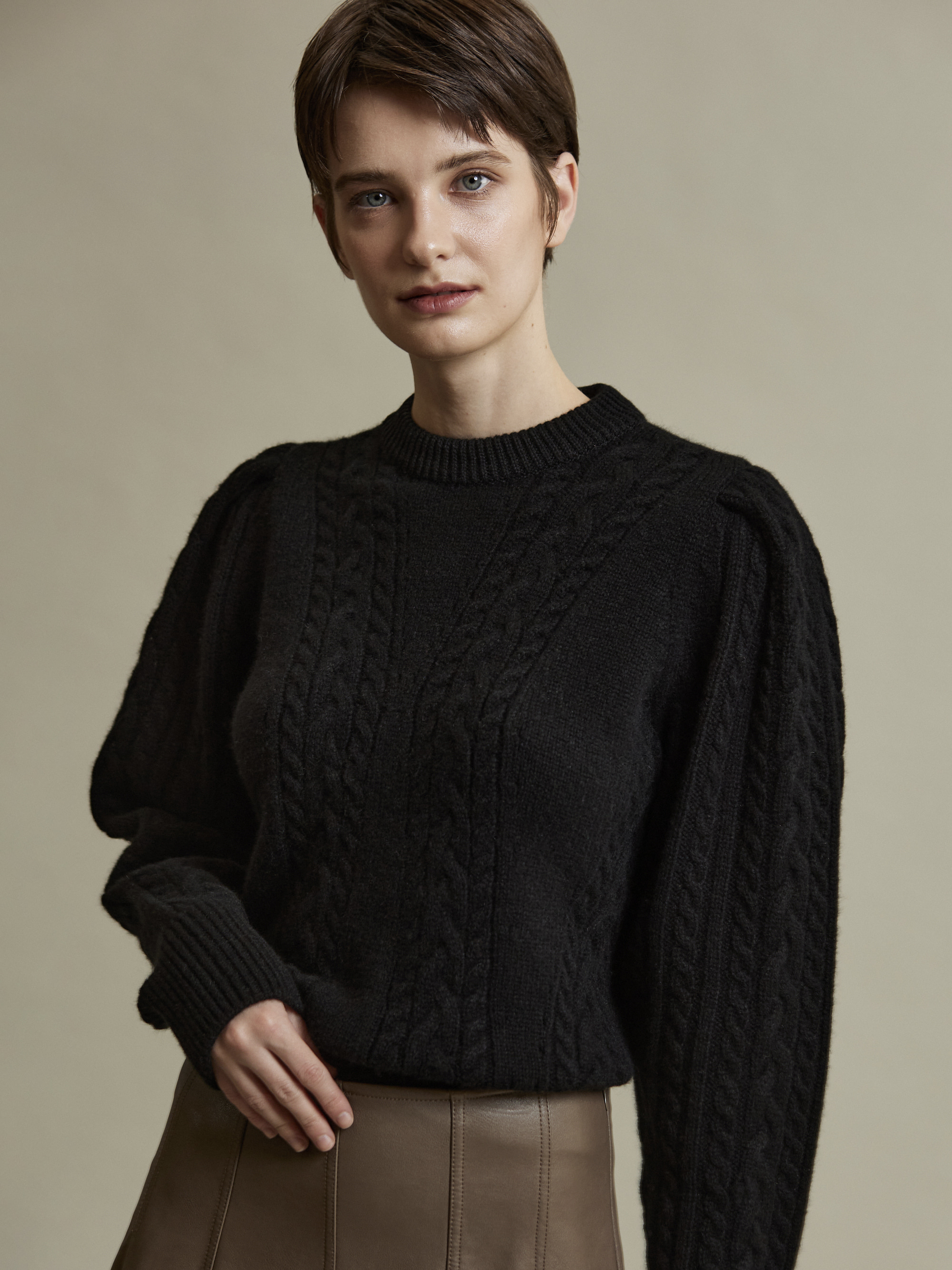 Cashmere 100% Puff Sleeve Cable Knit