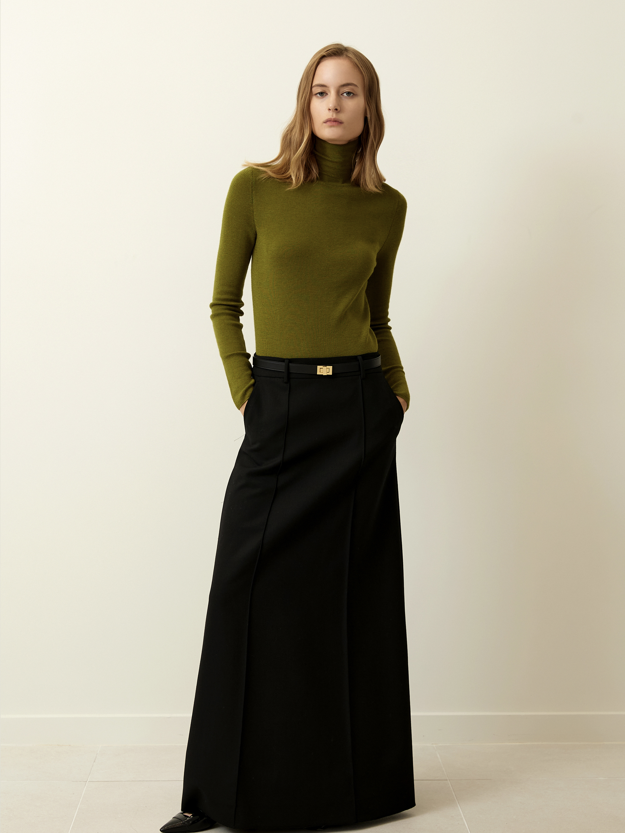 [FABRIC from JAPAN] Pintuck Maxi Wool Skirt - Black