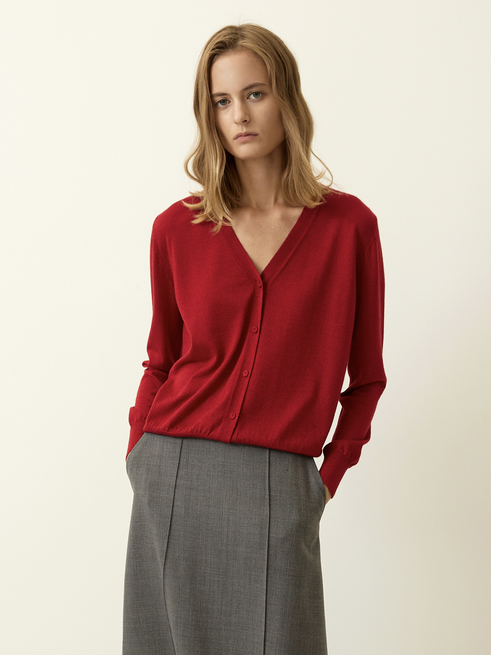 [Italy Cashmere] Silk Cashmere Knit Cardigan - Red