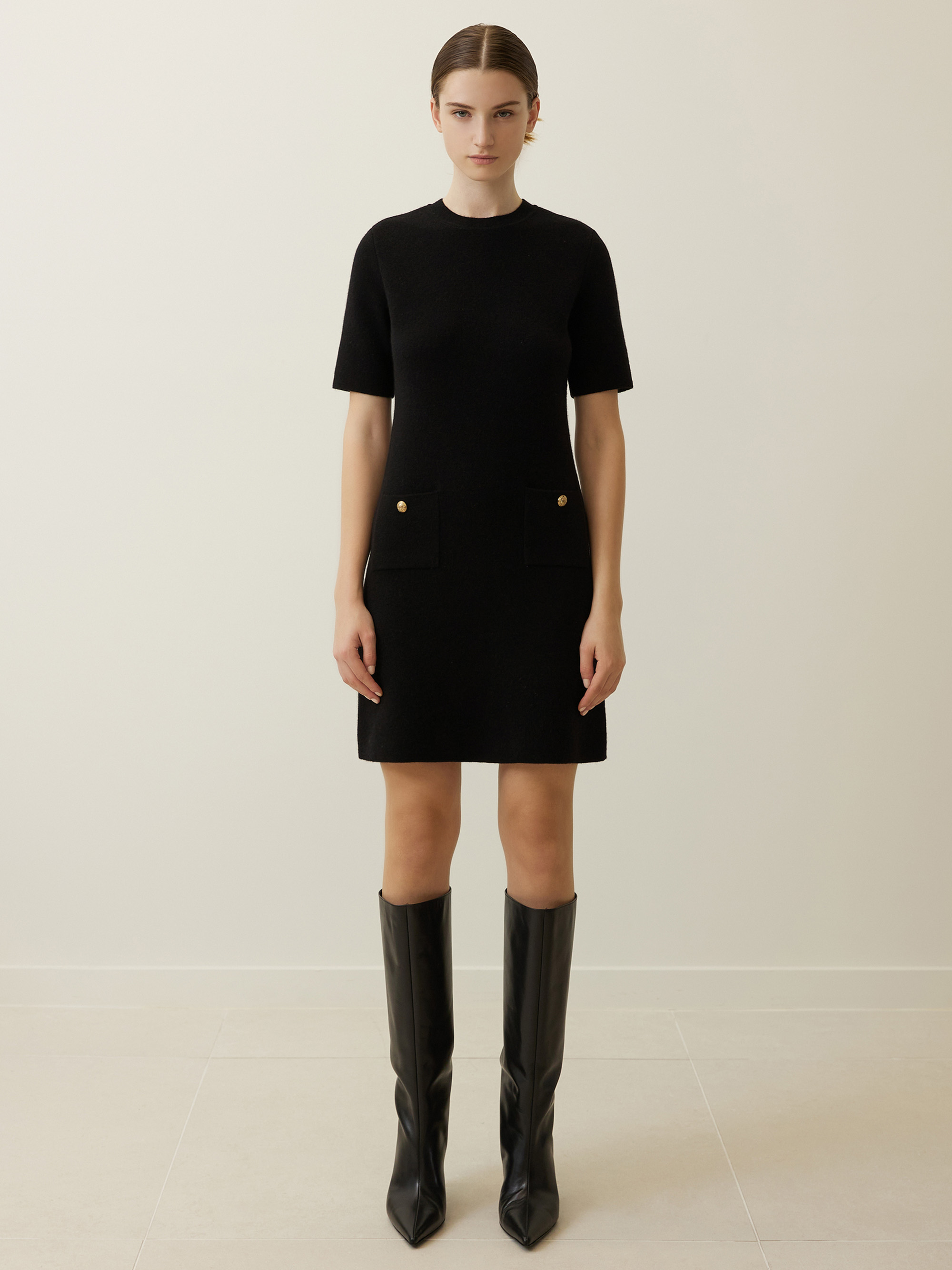 Pocket Half Sleeve Mini Dress - Black