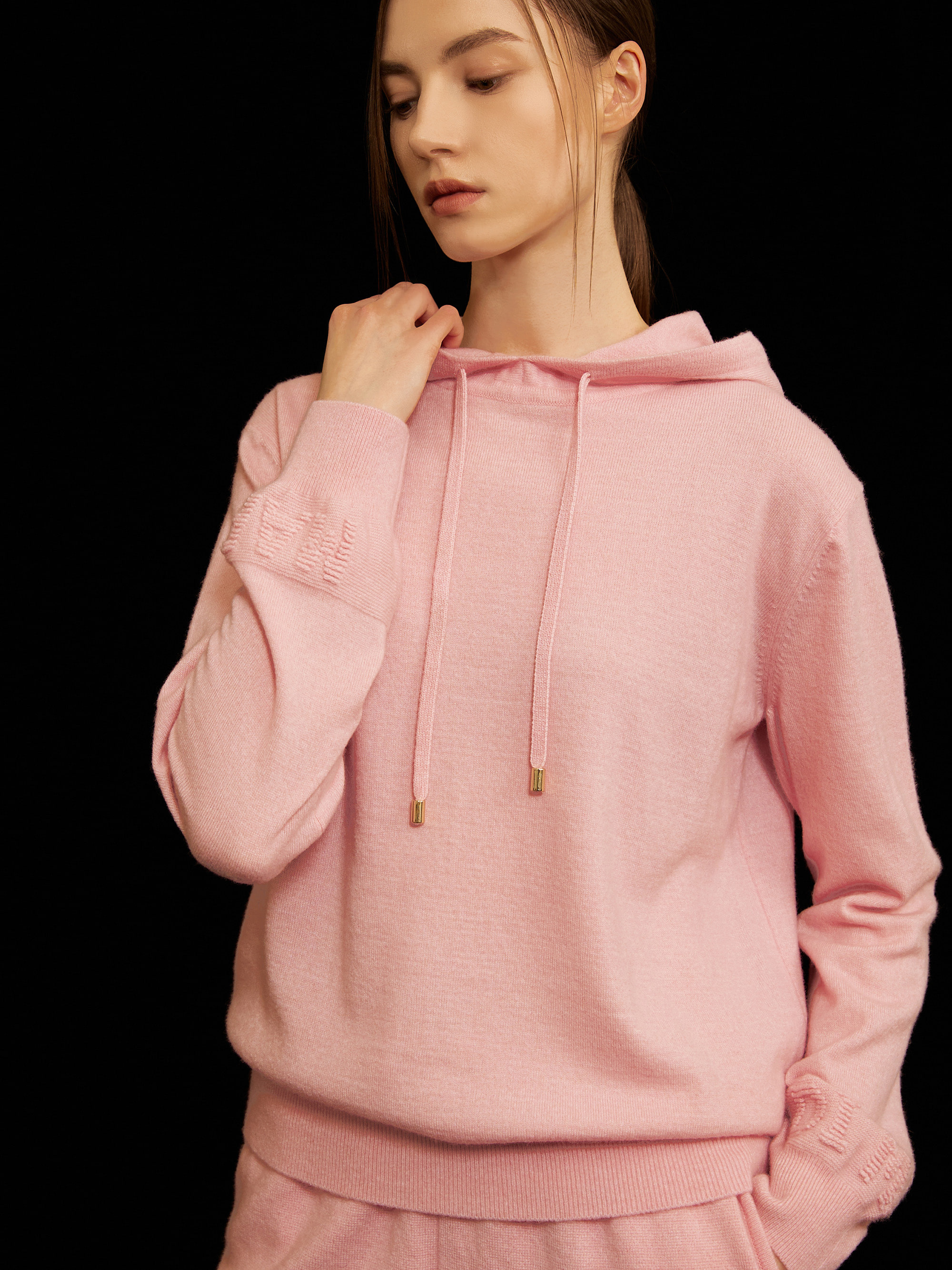 Logo Embroidery Knit Hoodie - Pink