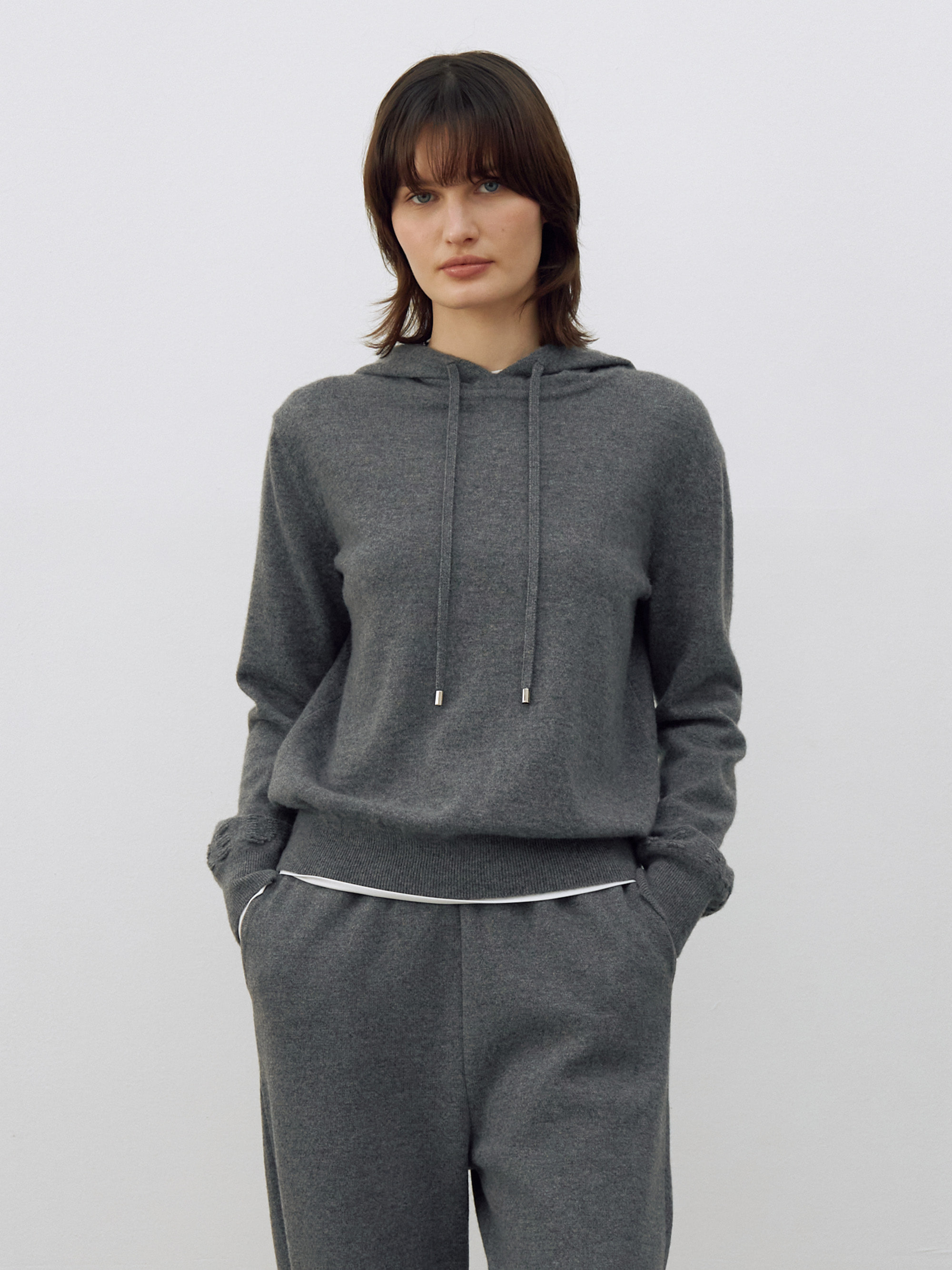 Logo Embroidery Knit Hoodie - Grey