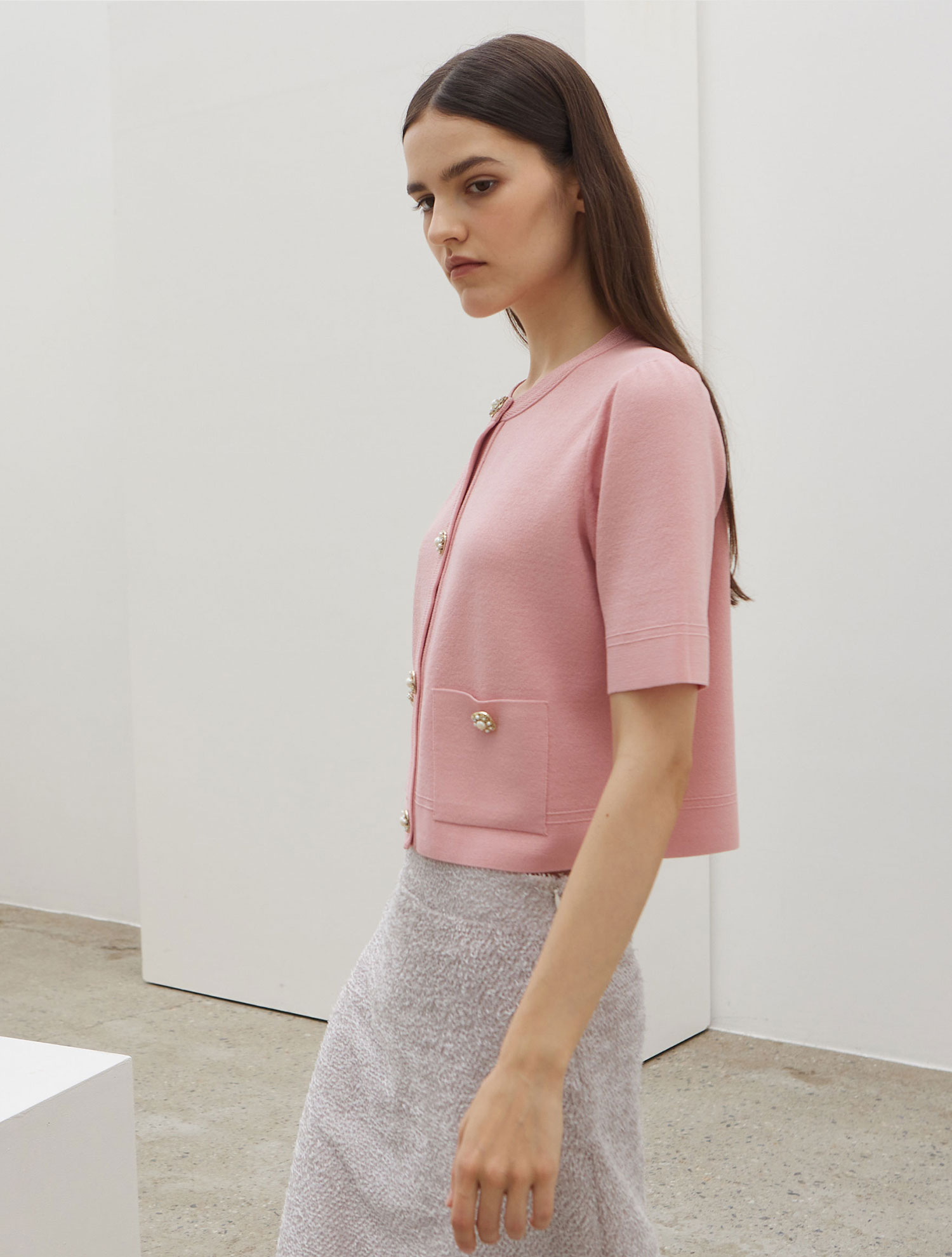 Jewel Button Half Sleeve Knit Cardigan - Pink