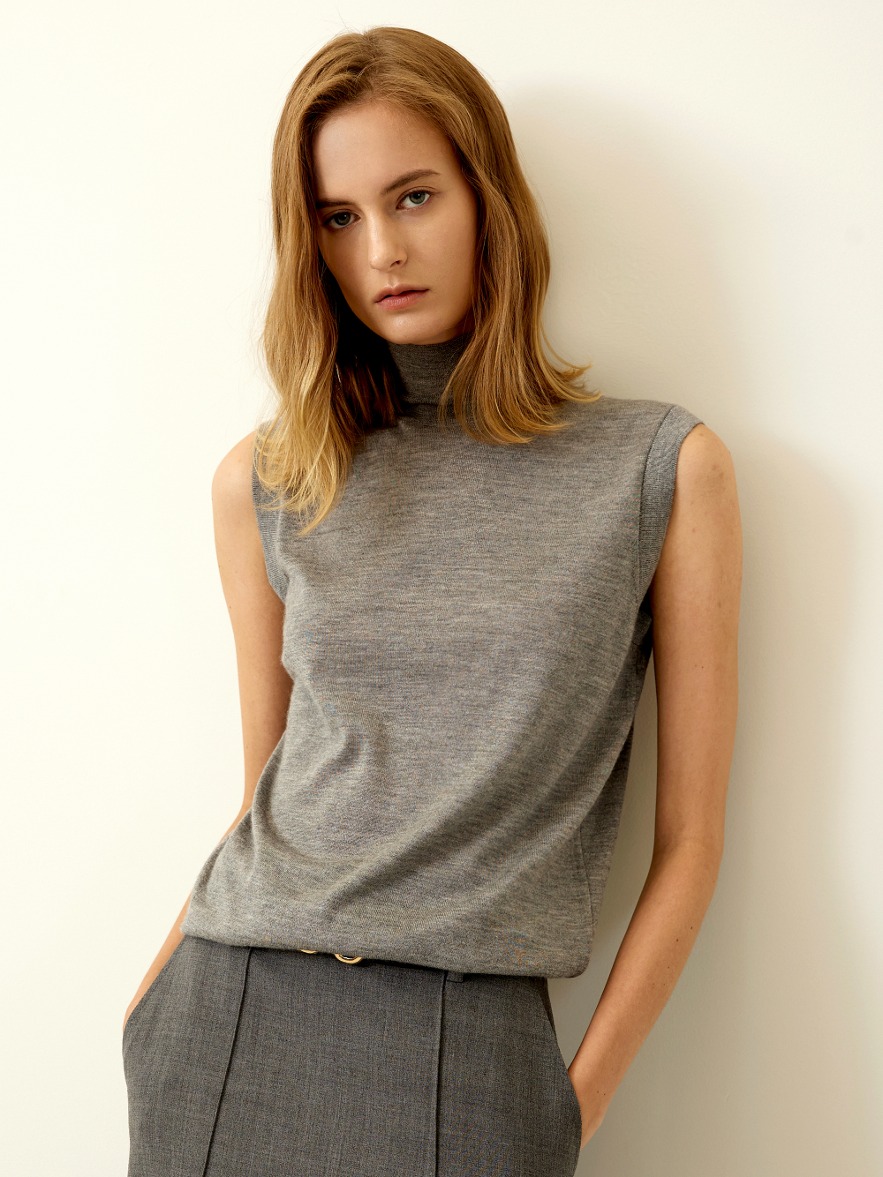 [Italy Cashmere] Silk Cashmere High Neck Sleeveless Knit Top - Grey