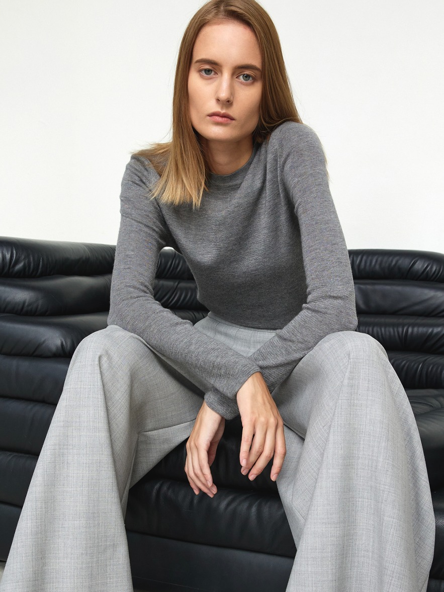 [Italy Cashmere] Silk Cashmere Roundneck Knit Top - Grey