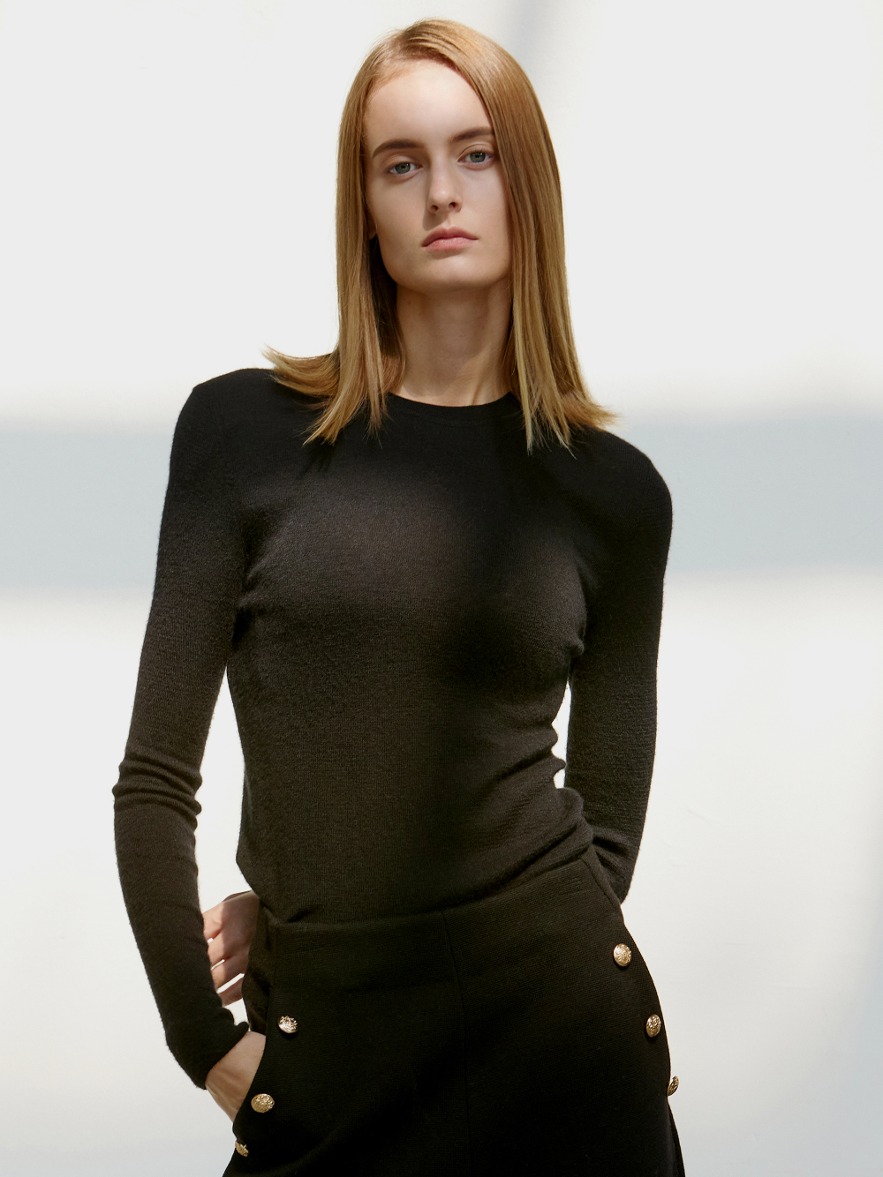 Italy Cashmere] Silk Cashmere Roundneck Knit Top - Black