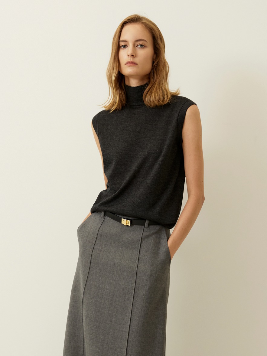 [Italy Cashmere] Silk Cashmere High Neck Sleeveless Knit Top - Dark Grey