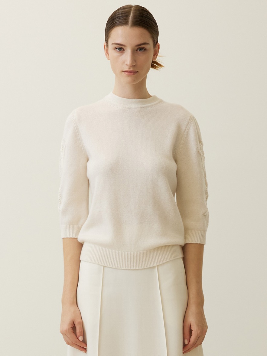 Embroidered-Sleeve Knit Top - Ivory