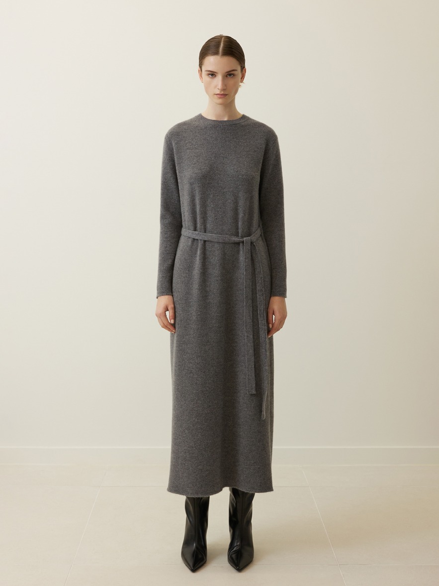 Cashmere Blend Belted Knit Dress - Grey