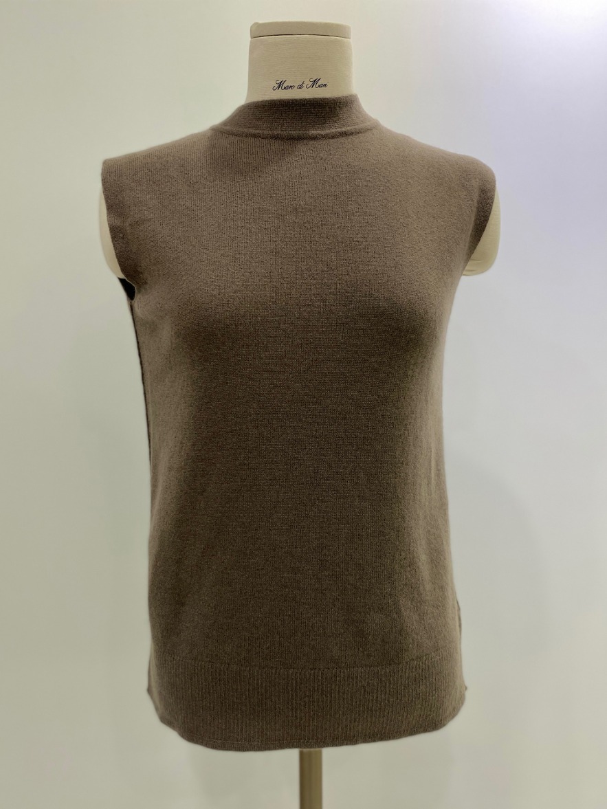 Cashmere 100% High Neck Sleeveless Knit Top - Brown