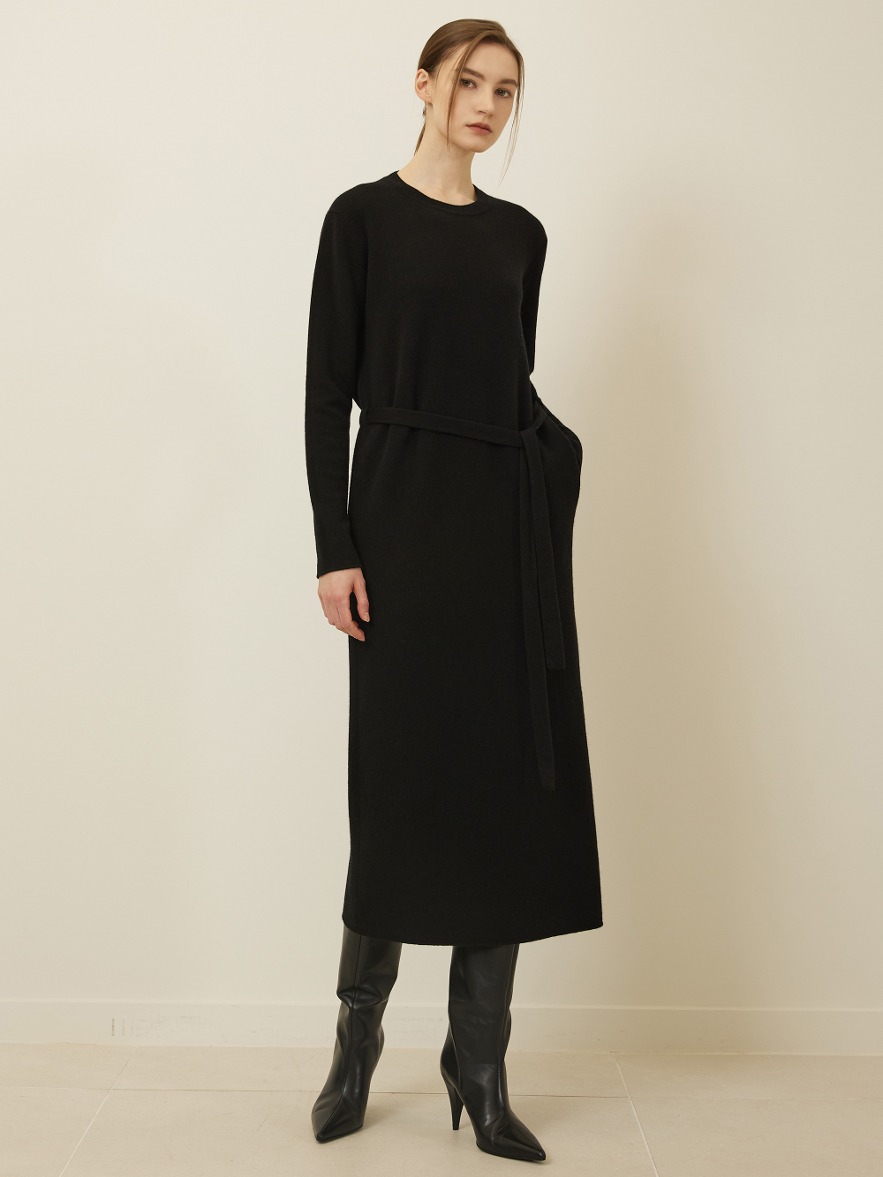 Cashmere Blend Belted Knit Dress - Black