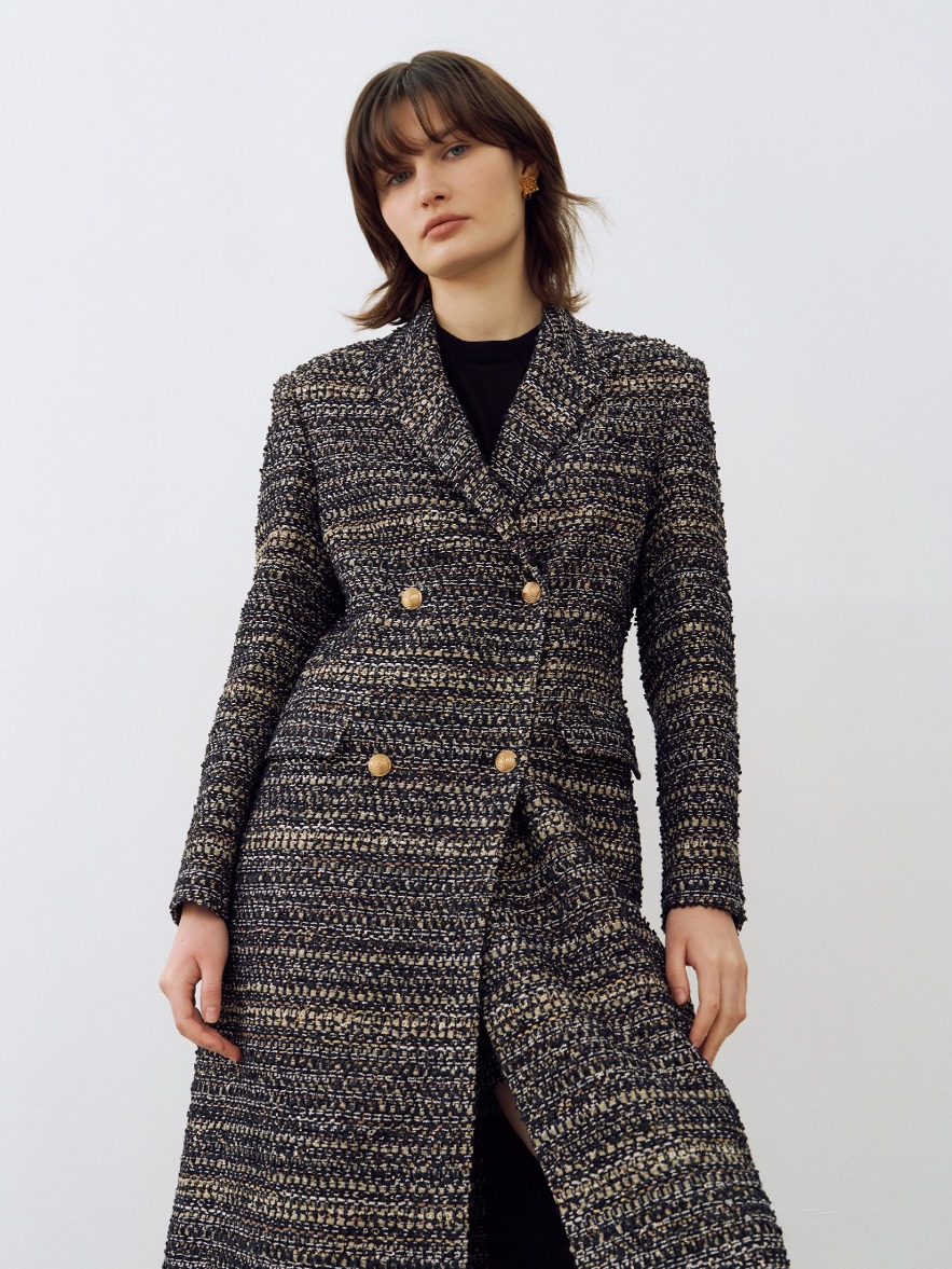 [EXCLUSIVE] Double Breasted Tweed Long Coat - Gold