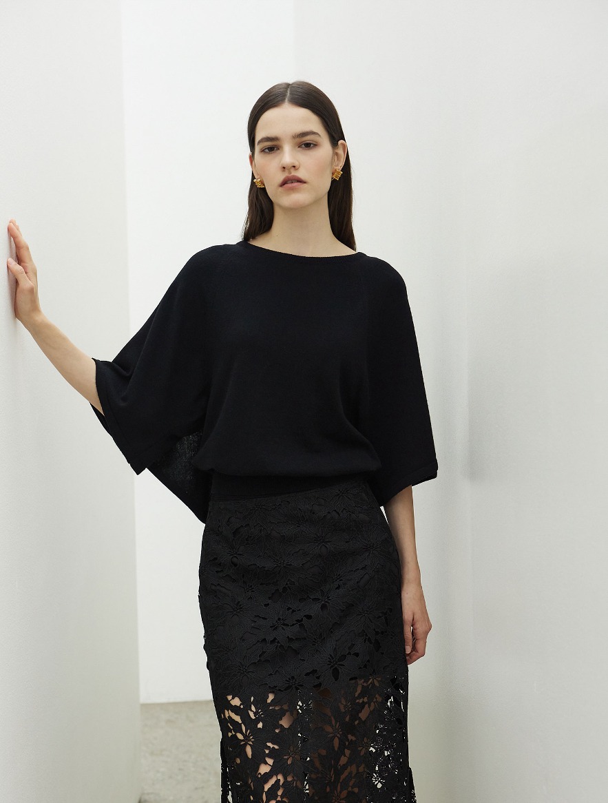 Layered Detail Cape Knit Top - Black