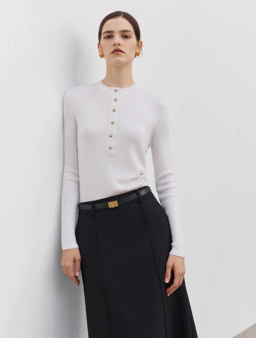 (RE) Silk Cashmere Gold Button Rib Knit Top - Ivory