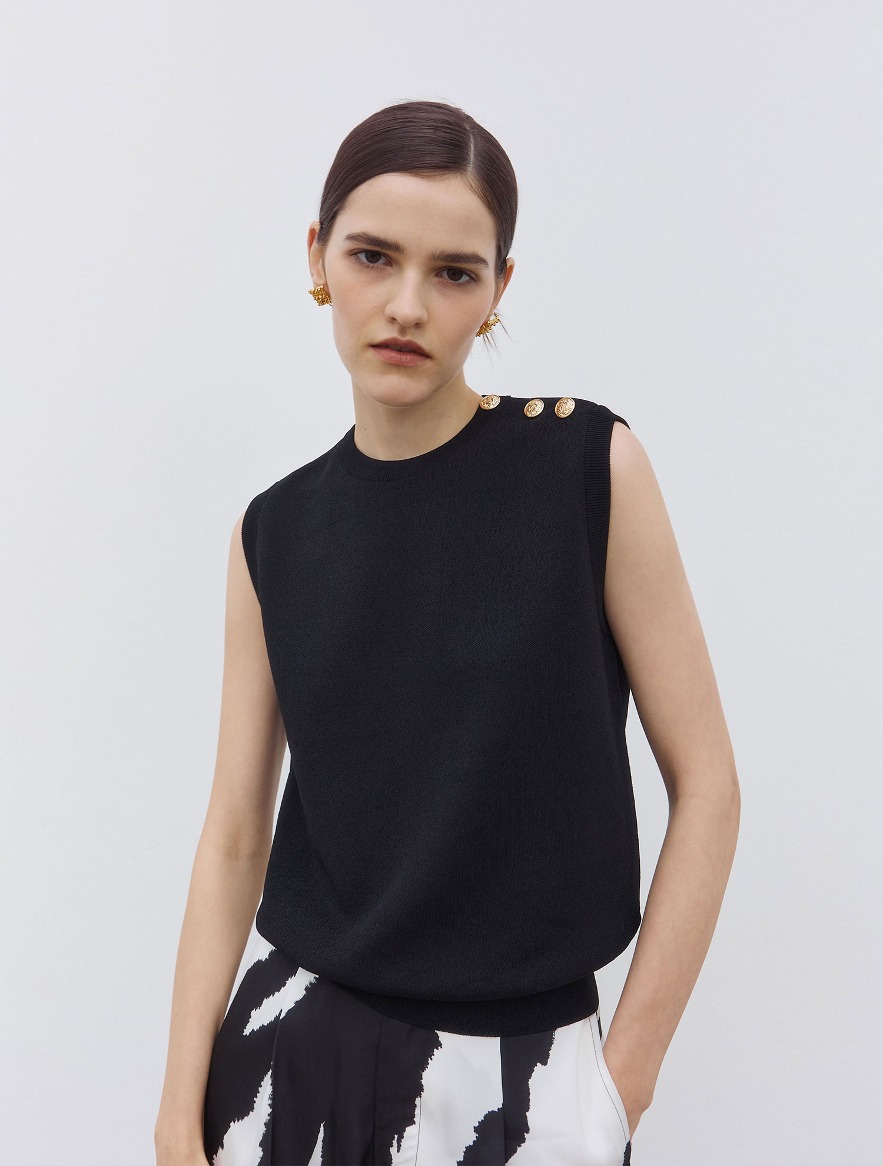 (RE) Gold Button Sleeveless Knit Top - Black