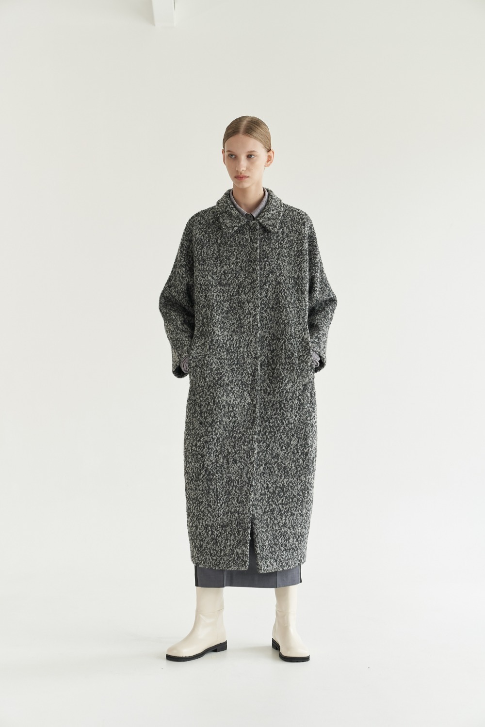 Boucle long coat in charcoal