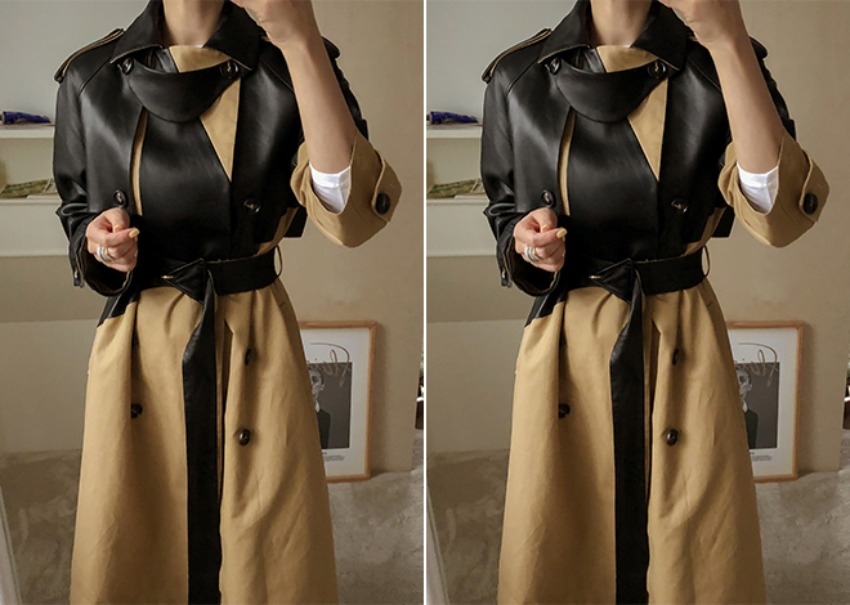 Leather Two-tone Coat