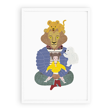 Lion, lion, polar bear and a boy (Art Print)