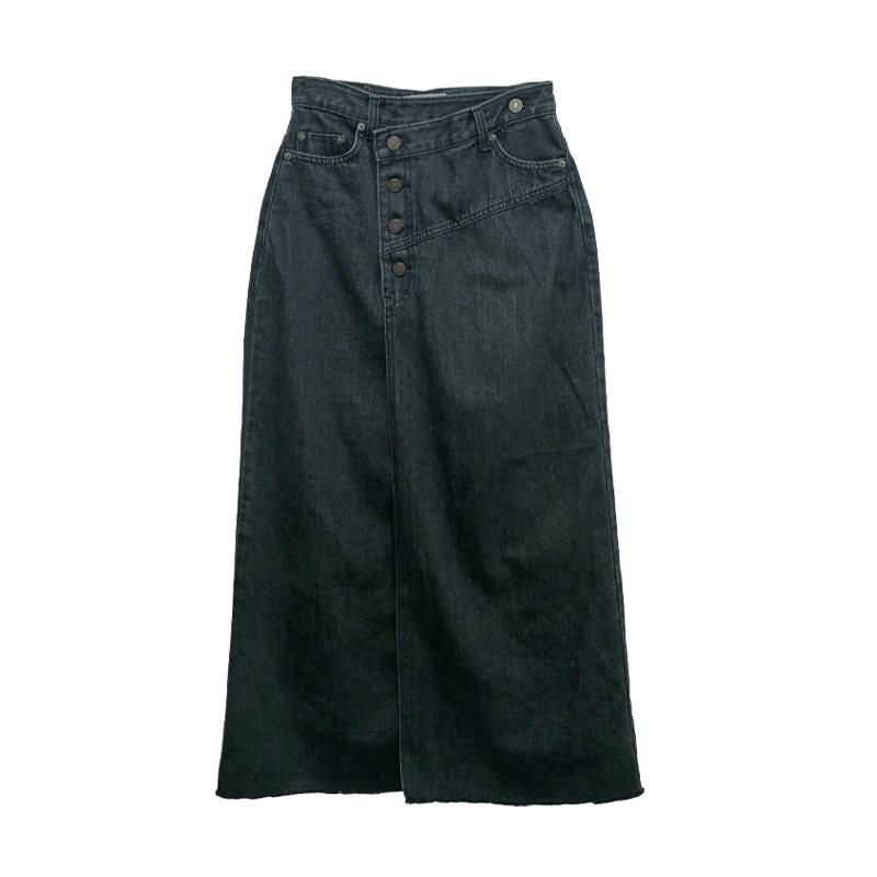 Off-Center Button Slit Denim Skirt