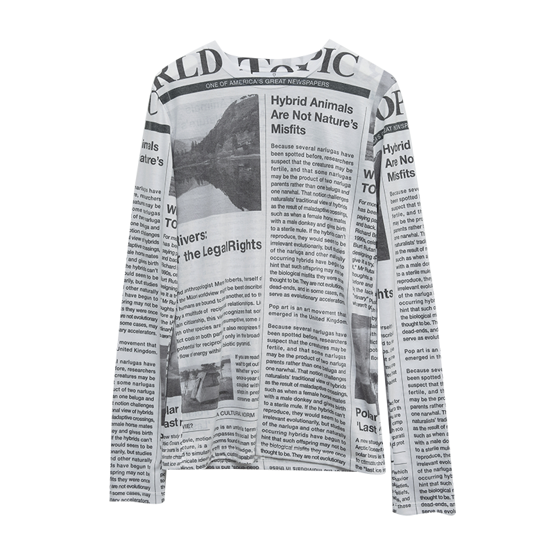 Two-Tone Newspaper Print Round Neck T-Shirt
