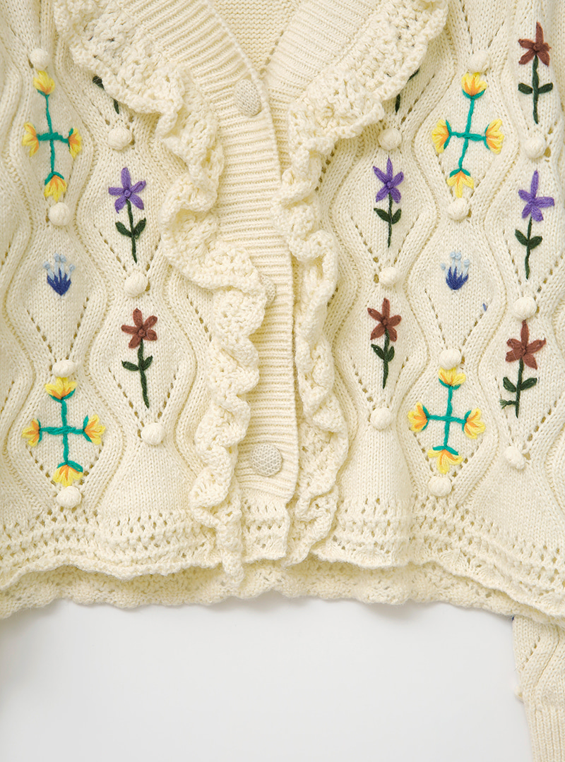 Frill Trim Embroidered Cardigan