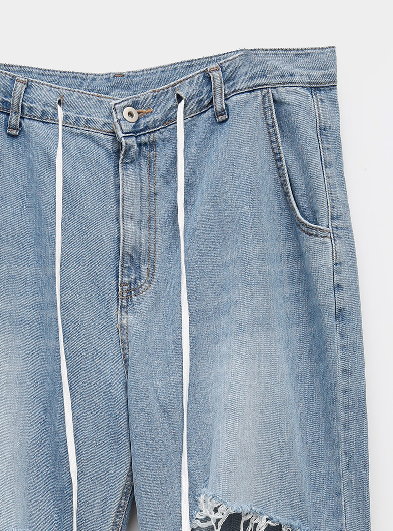 Tie-Waist Distressed Long Jeans