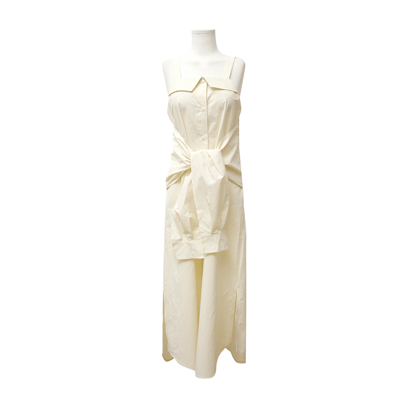 Self-Tie Waist Long Sleeveless Dress
