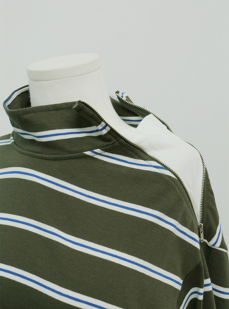 High Neck Drop Shoulder Stripe T-Shirt