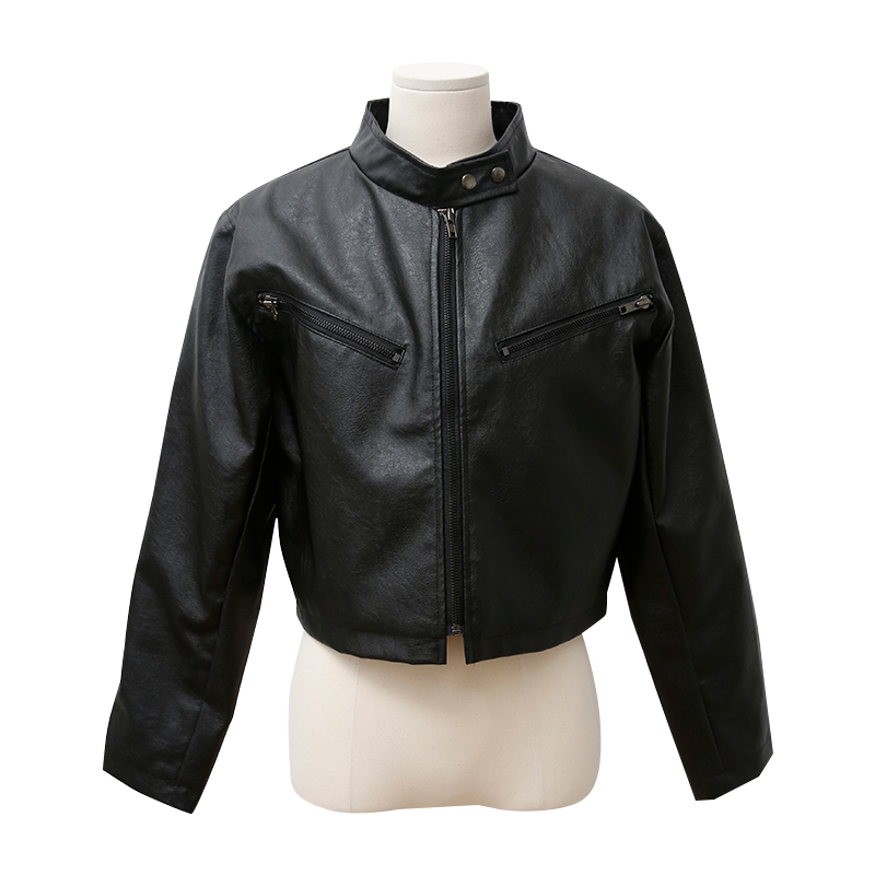 Band Collar Faux Leather Zip-Up Jacket