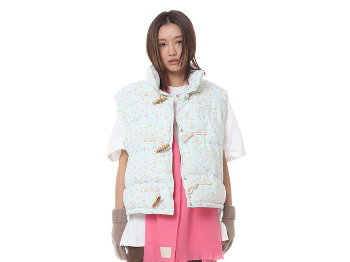 Toggle-Front Floral Puffer Vest