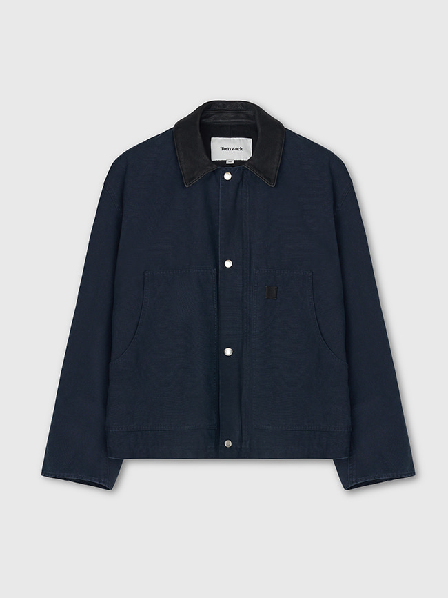 토니웩_ Leather Collar Garment-Washed Chore Work Jacket [Faded Navy]