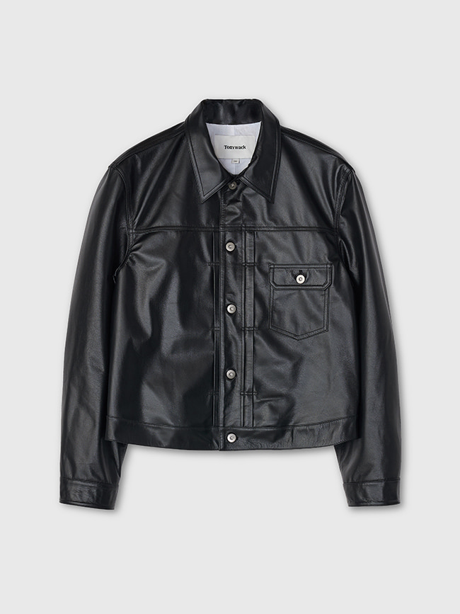 토니웩_ Calf Leather Cropped Trucker Jacket [Black]