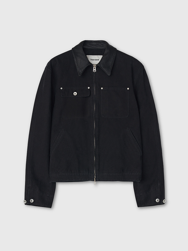 토니웩_ Leather Collar Garment-Washed Rivet Work Jacket [Faded Black]