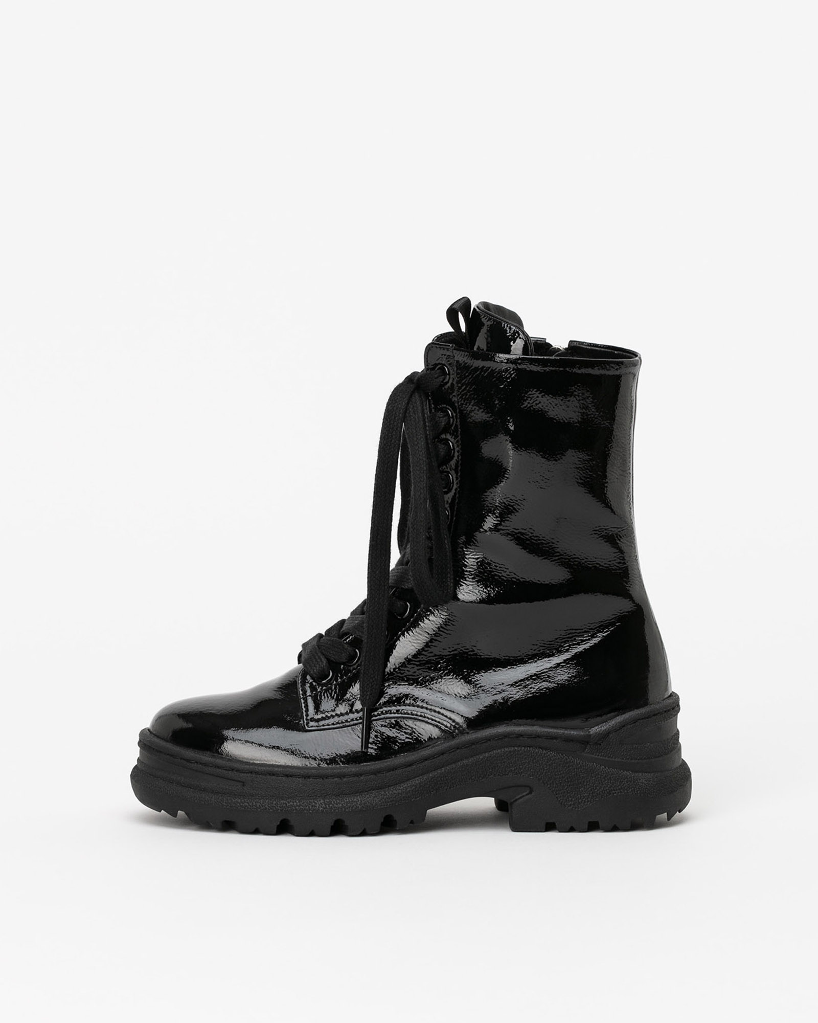 Bonna Treksole Lace-up Boots in Black Wrinkle Patent