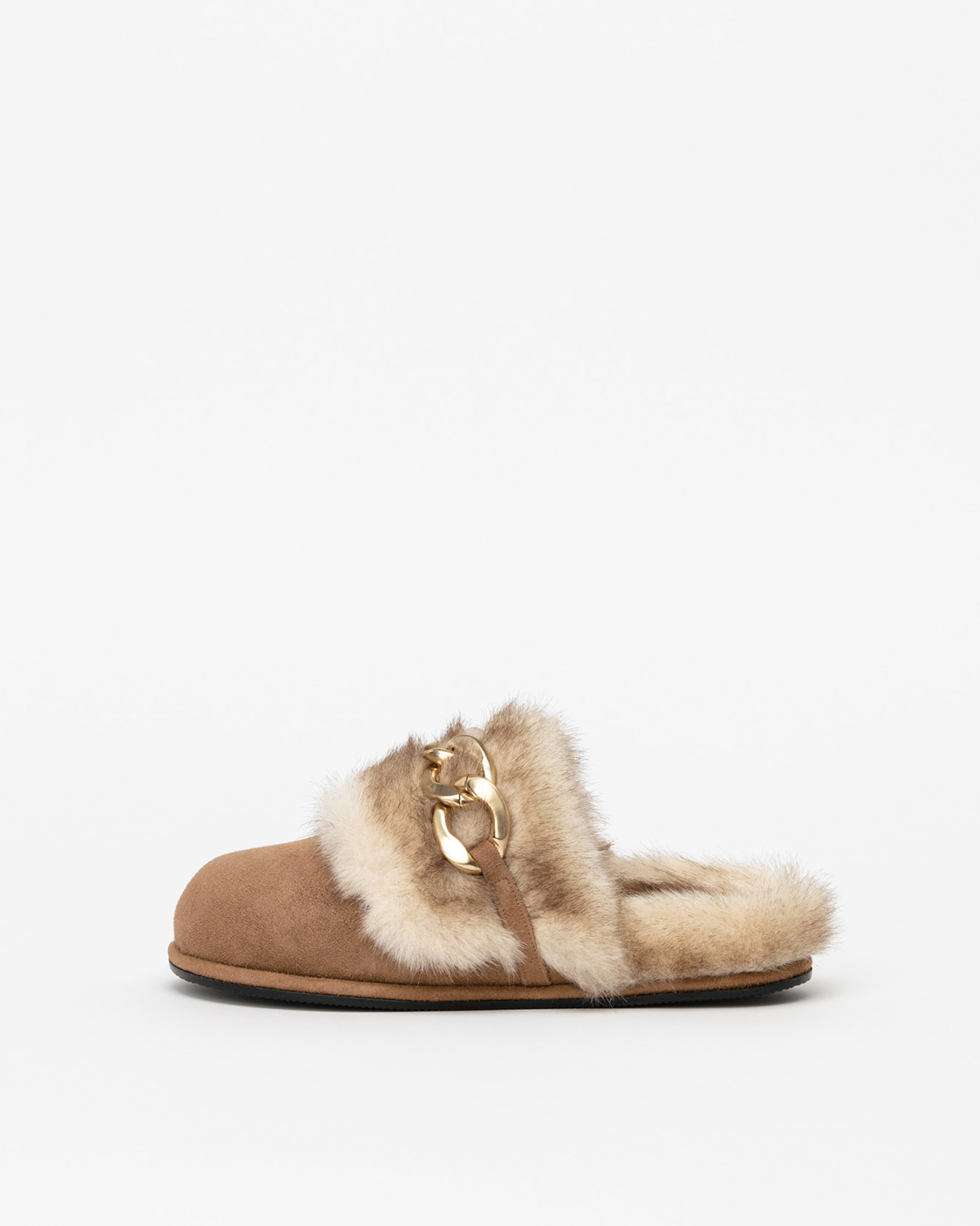 Labana Chained Faux-fur Slides in Brown Suede
