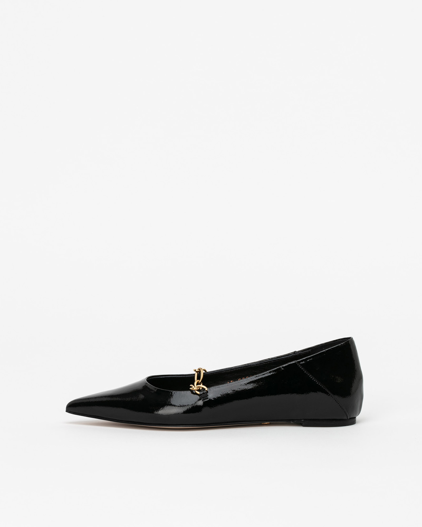 Chateau Chained Flat Shoes in Black Wrinkled Patent