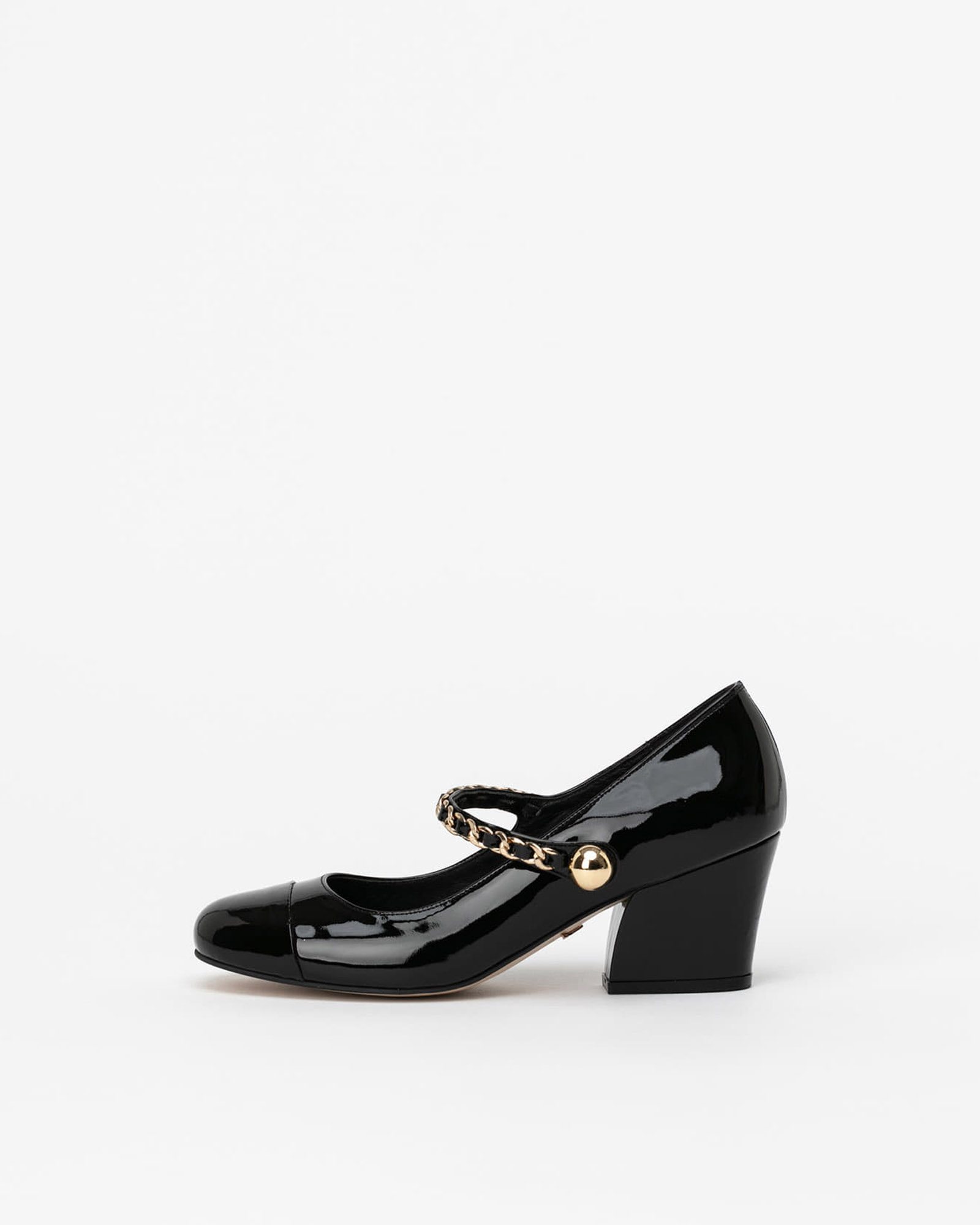 Aria Chained Maryjane Pumps in Black Patent