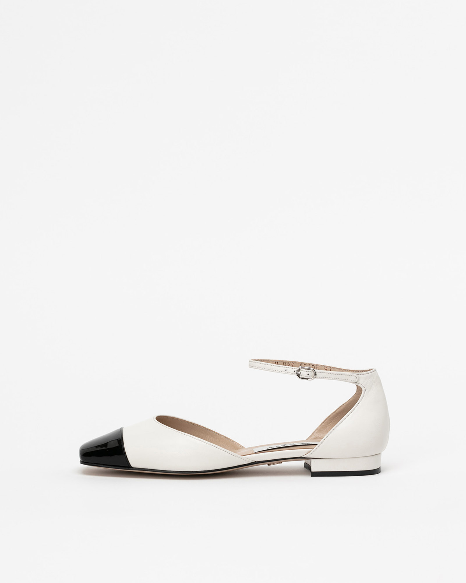 Castela Strap Flat Shoes in White with Black Toe