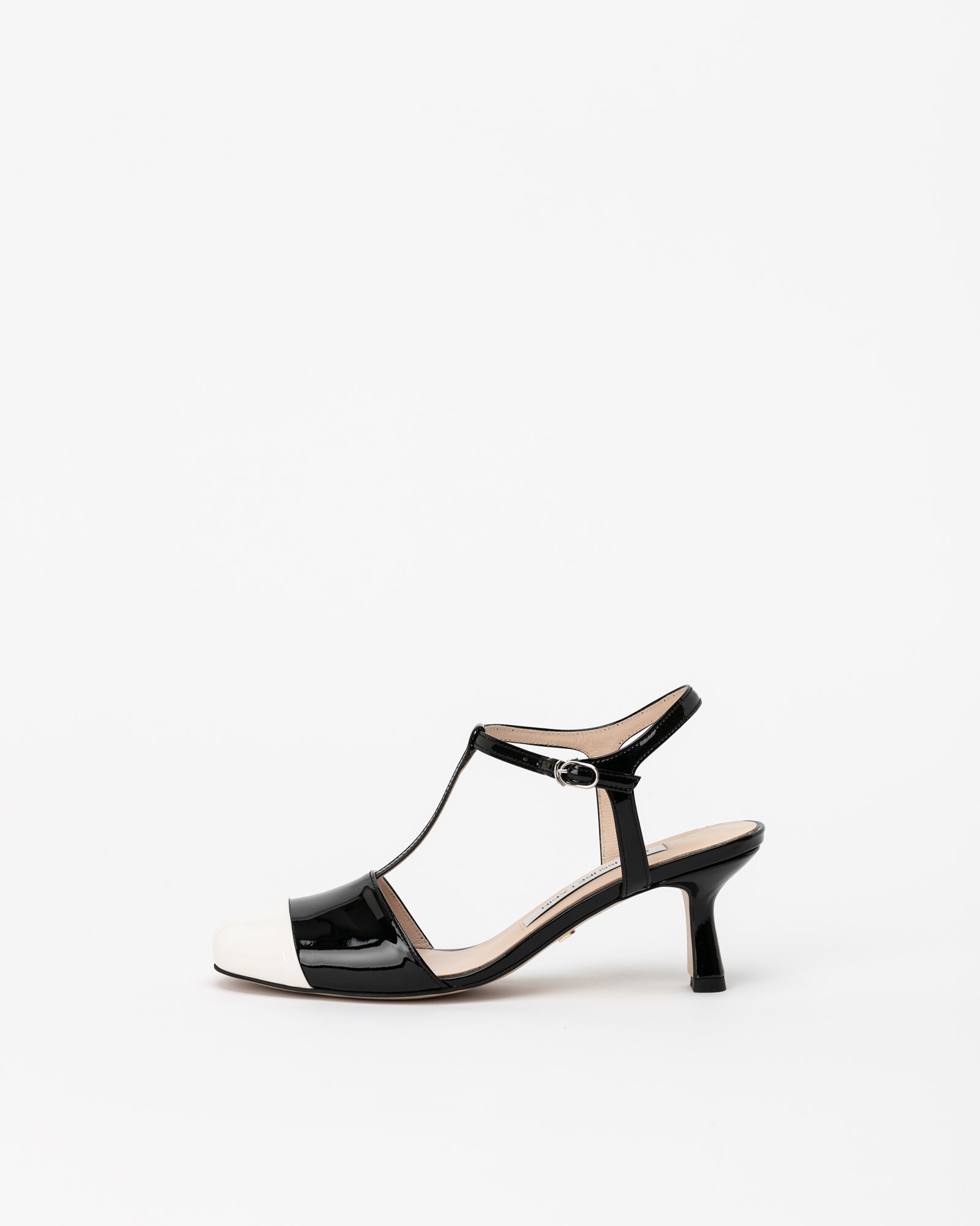 Parrozzo Strap Pumps in Black Patent with Milky White Patent