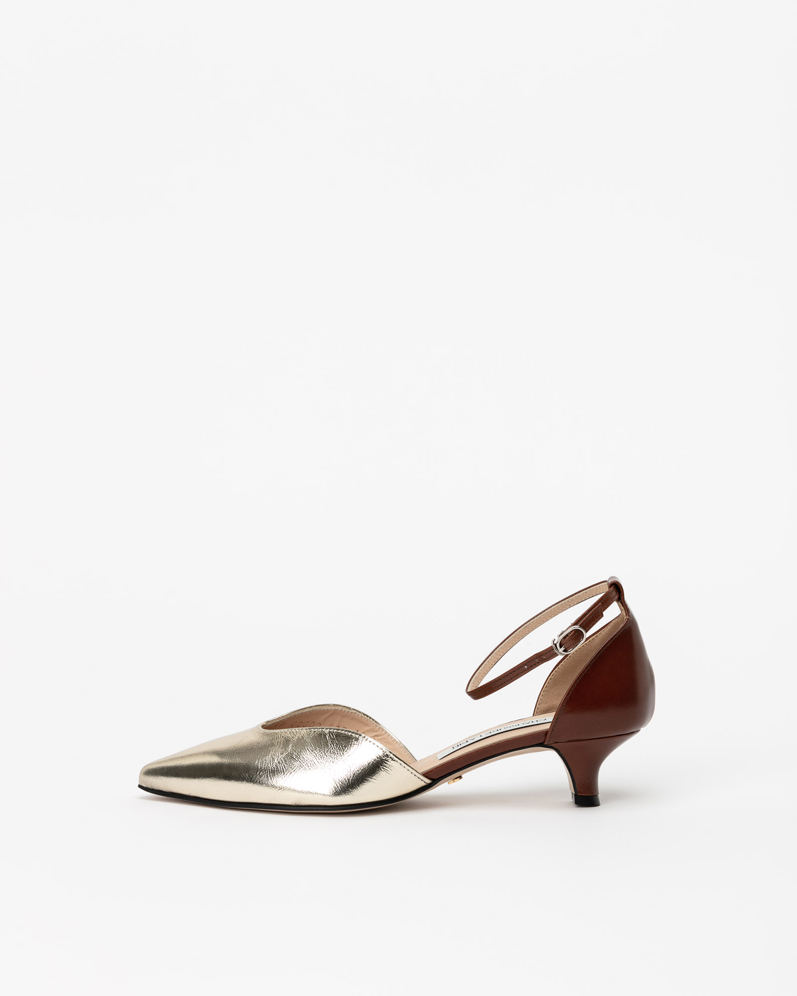 Joffre Side-cut Strap Pumps in Boulder Gold Textured Patent with Brown Textured Kip