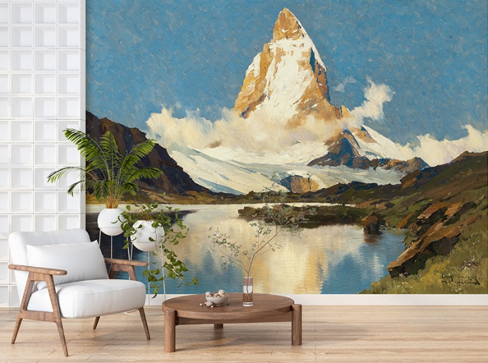 명화벽지 23p197 - Hans Maurus 한스 모러스 Matterhorn und Riffelsee 산 강 호수 구름 하늘 풍경 3폭(주문 제작도 가능)