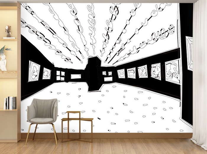 일러스트 벽지-13I074-1-Exhibition 라인아트 예술 전시 3폭(주문 제작도 가능)