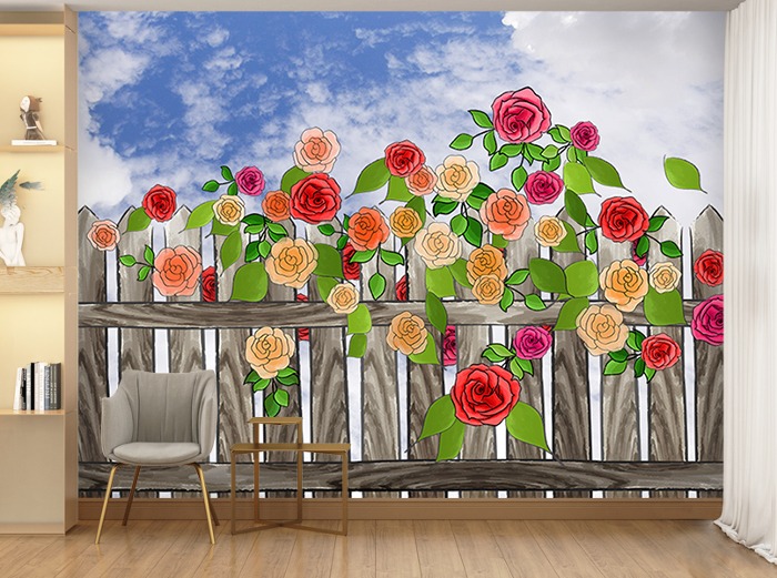 꽃-11F042-나무울타리 장미꽃 아트벽지 3폭(주문 제작도 가능)