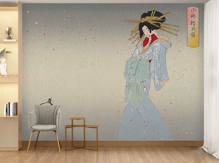 일본화 벽지 18O013 (츠키오카 요시토시) 벚꽃아래여인 일식 주점 3폭(주문 제작도 가능)