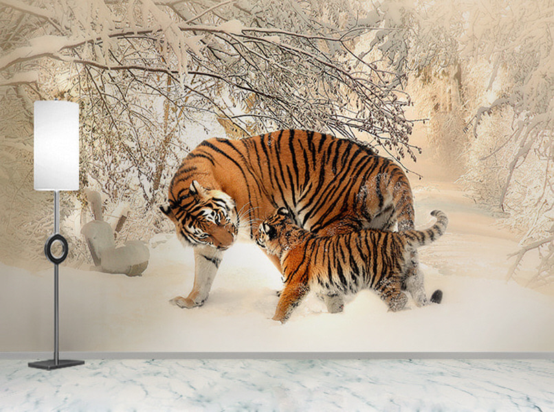 포토 벽지-17PH825 호랑이 Tiger 동물 가족 어미 새끼 3폭(주문 제작도 가능)