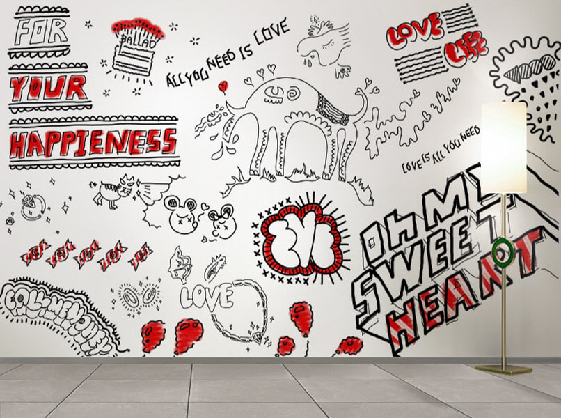 일러스트 벽지-16I003-사랑과행복 그래피티 벽 낙서 3폭(주문 제작도 가능)