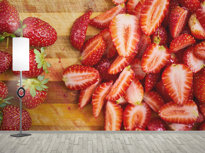 포토 벽지-18PH108 딸기 과일음식 배경 식당 3폭(주문 제작도 가능)