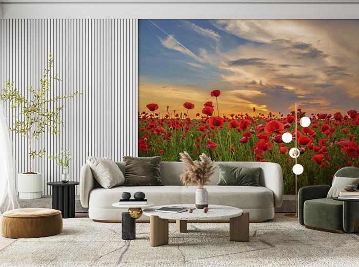 포토벽지-22ph132- 빨간 양귀비 꽃밭 과 노을지는 하늘 3폭(주문 제작도 가능)