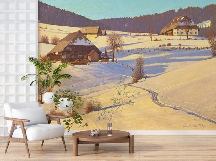 명화벽지 23p200 - Hermann Dischler 헤르만 디슐러 Winter in the Black Forest 숲 눈 겨울 집 나무 풍경 3폭(주문 제작도 가능)